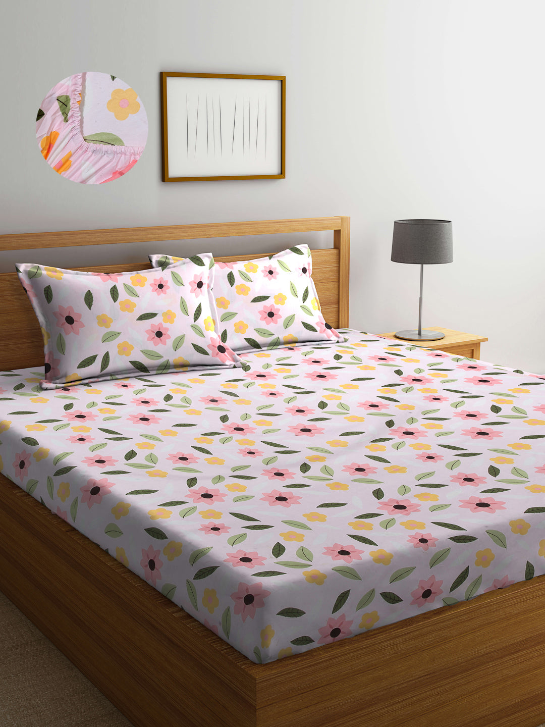 Arrabi Pink Floral TC Cotton Blend King Size Fitted Bedsheet with 2 Pillow Covers (250 X 215 Cm )