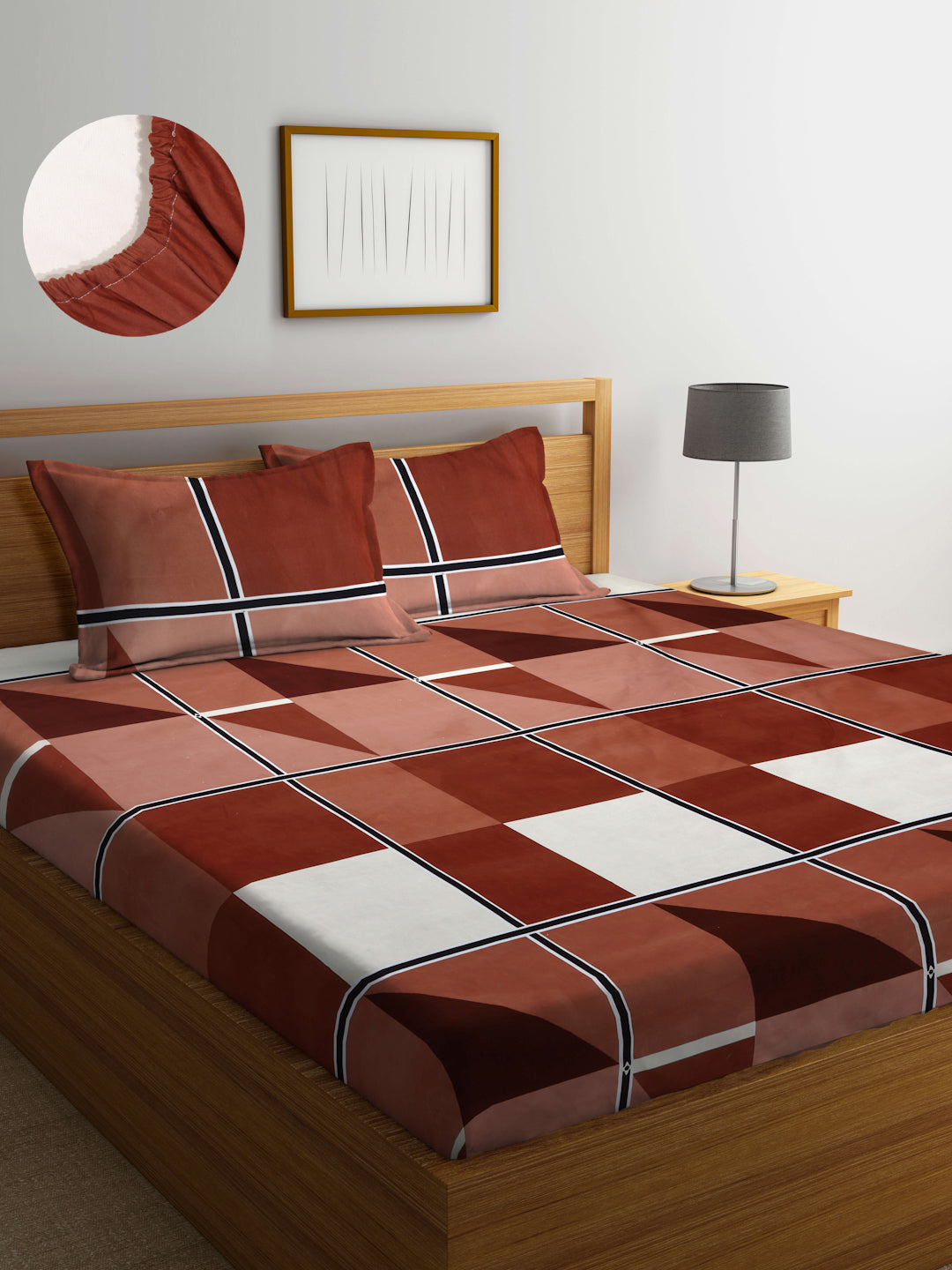Arrabi Brown Geometric TC Cotton Blend Super King Size Fitted Bedsheet with 2 Pillow Covers(270 X 260 Cm )