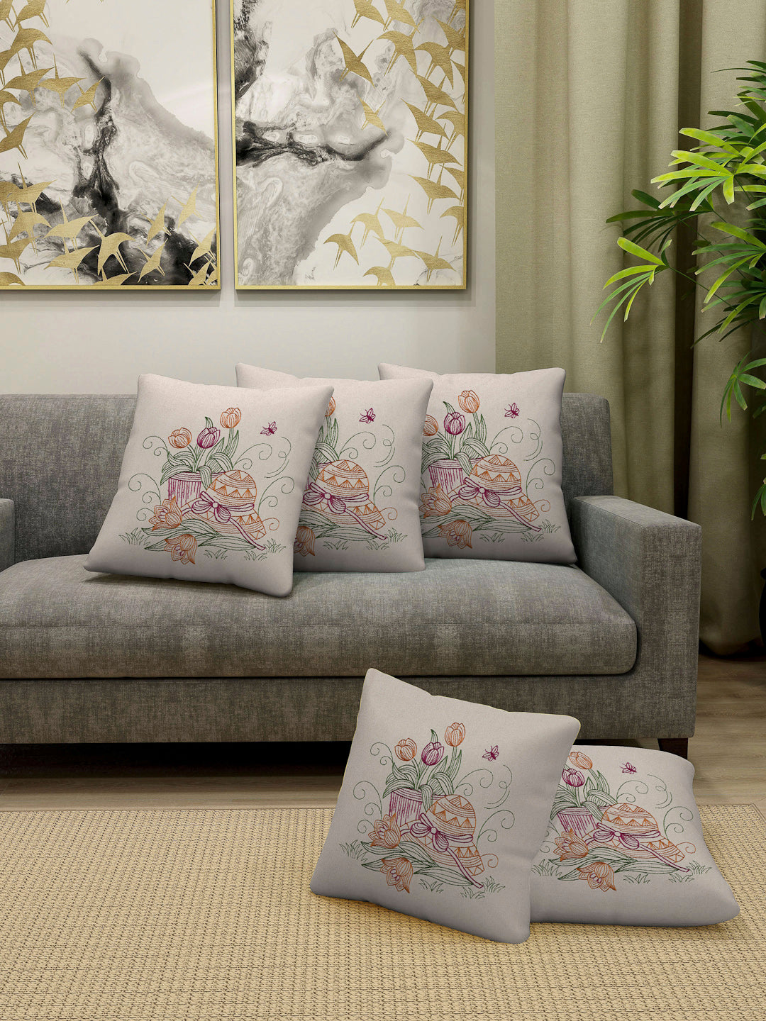 Arrabi Multi Floral Handwoven Cotton Cushion Covers (Pack of 5) (40 x 40 cm)