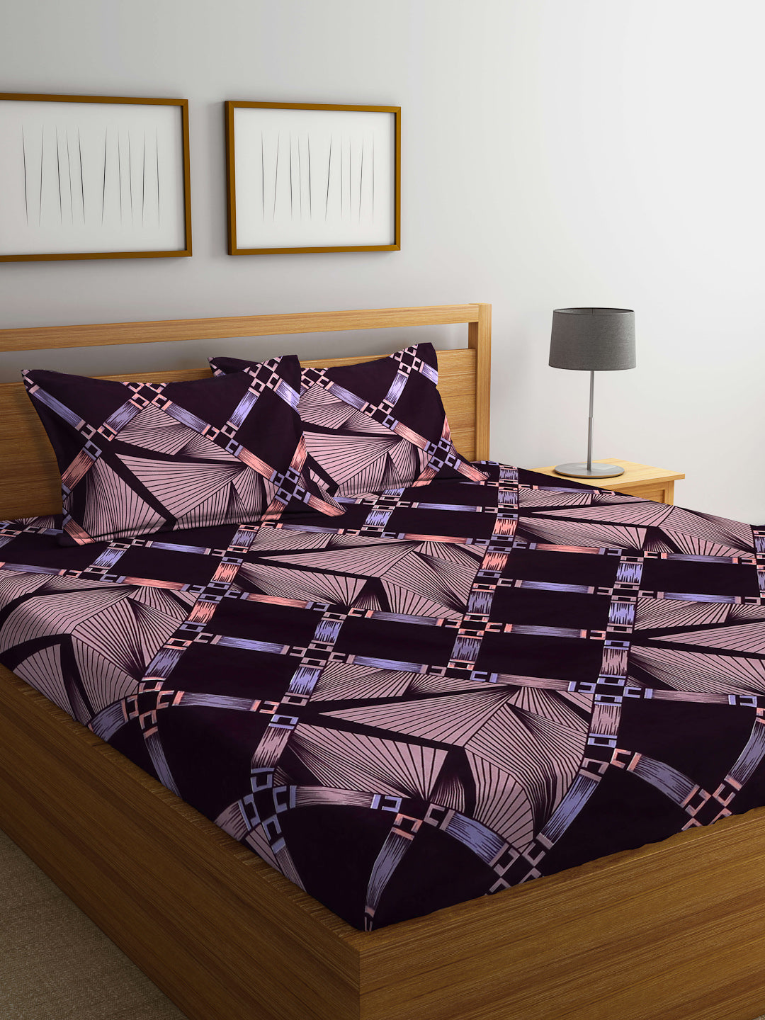 Arrabi Brown Geometric TC Cotton Blend King Size Bedsheet with 2 Pillow Covers (250 X 220 cm)