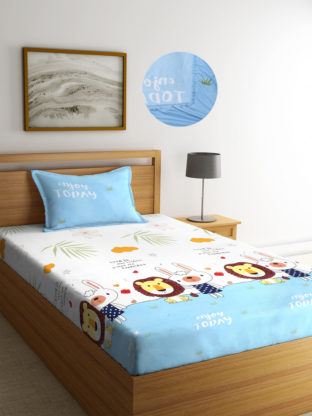 Arrabi Multi Cartoon TC Cotton Blend Single Size Fitted Bedsheet with 1 Pillow Cover (220 X 150 cm)