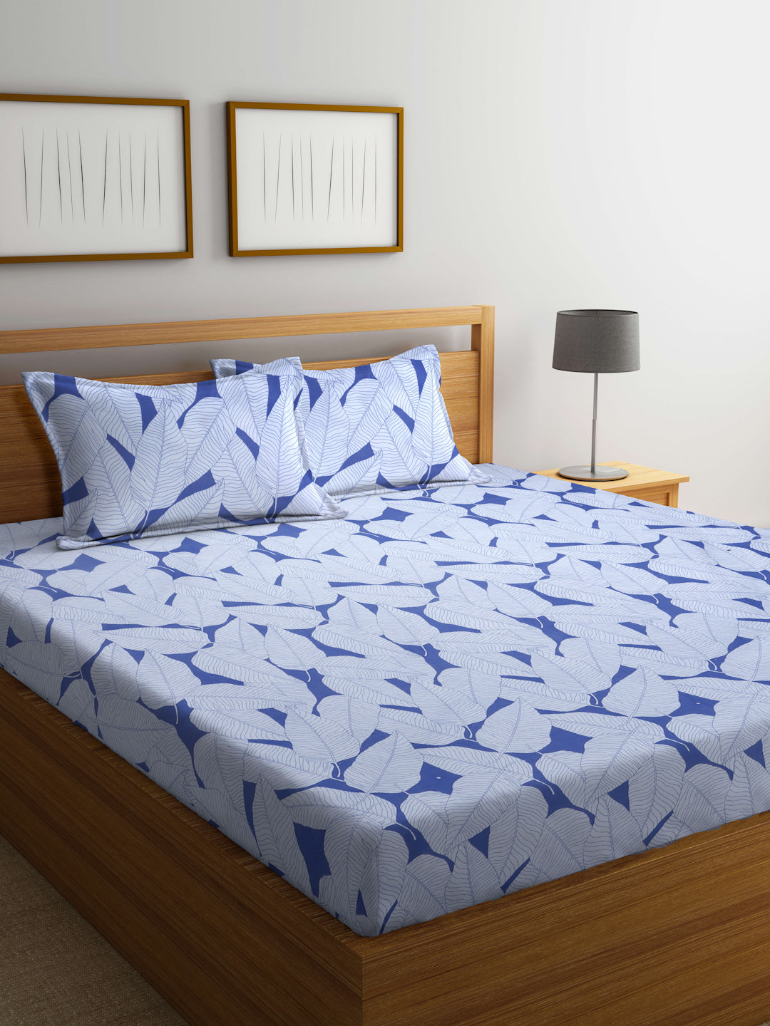 Arrabi Blue Leaf TC Cotton Blend King Size Bedsheet with 2 Pillow Covers (250 X 215 cm)