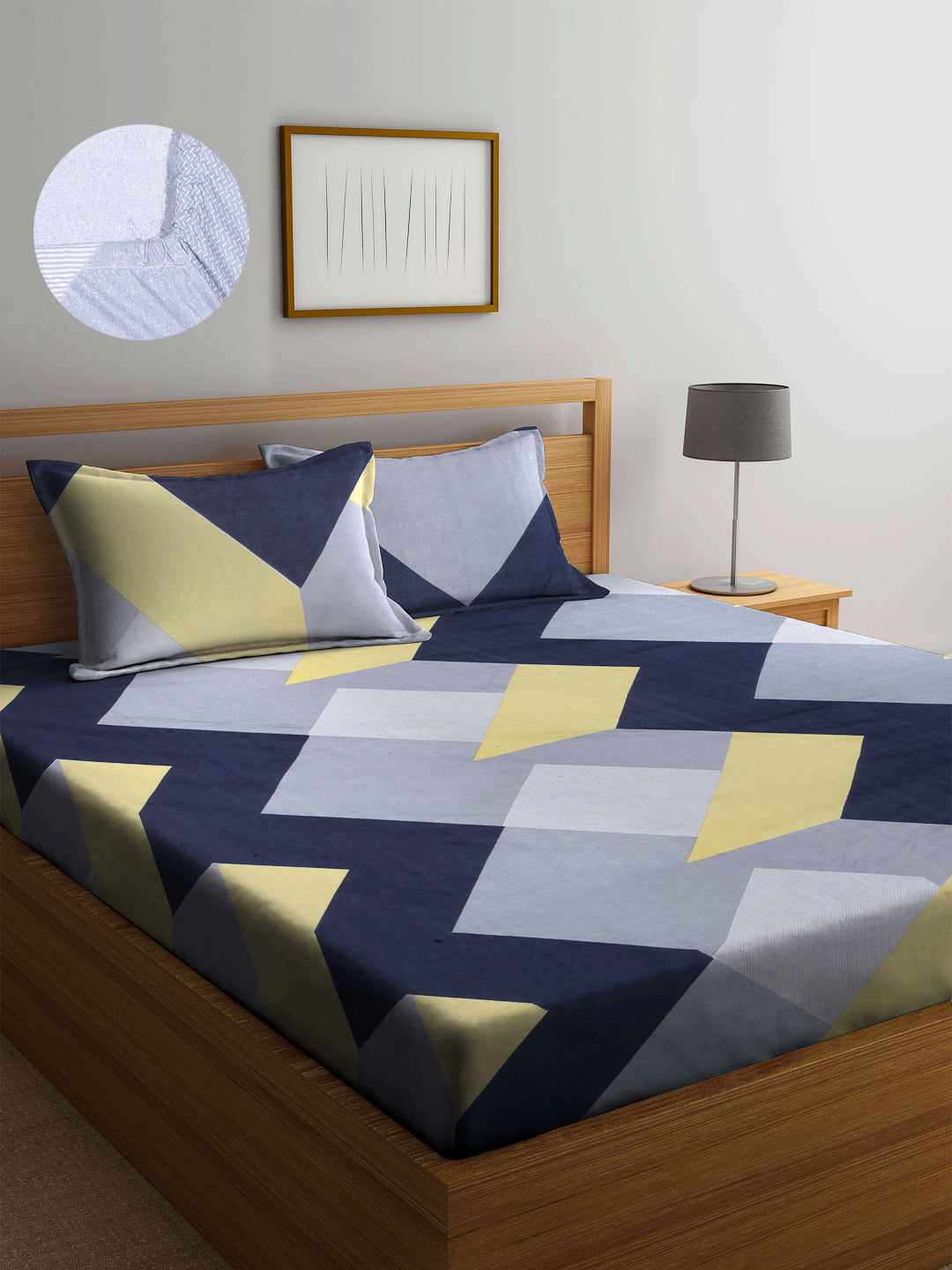 Arrabi Multi Geometric TC Cotton Blend Double Size Fitted Bedsheet with 2 Pillow Covers (250 X 220 cm)