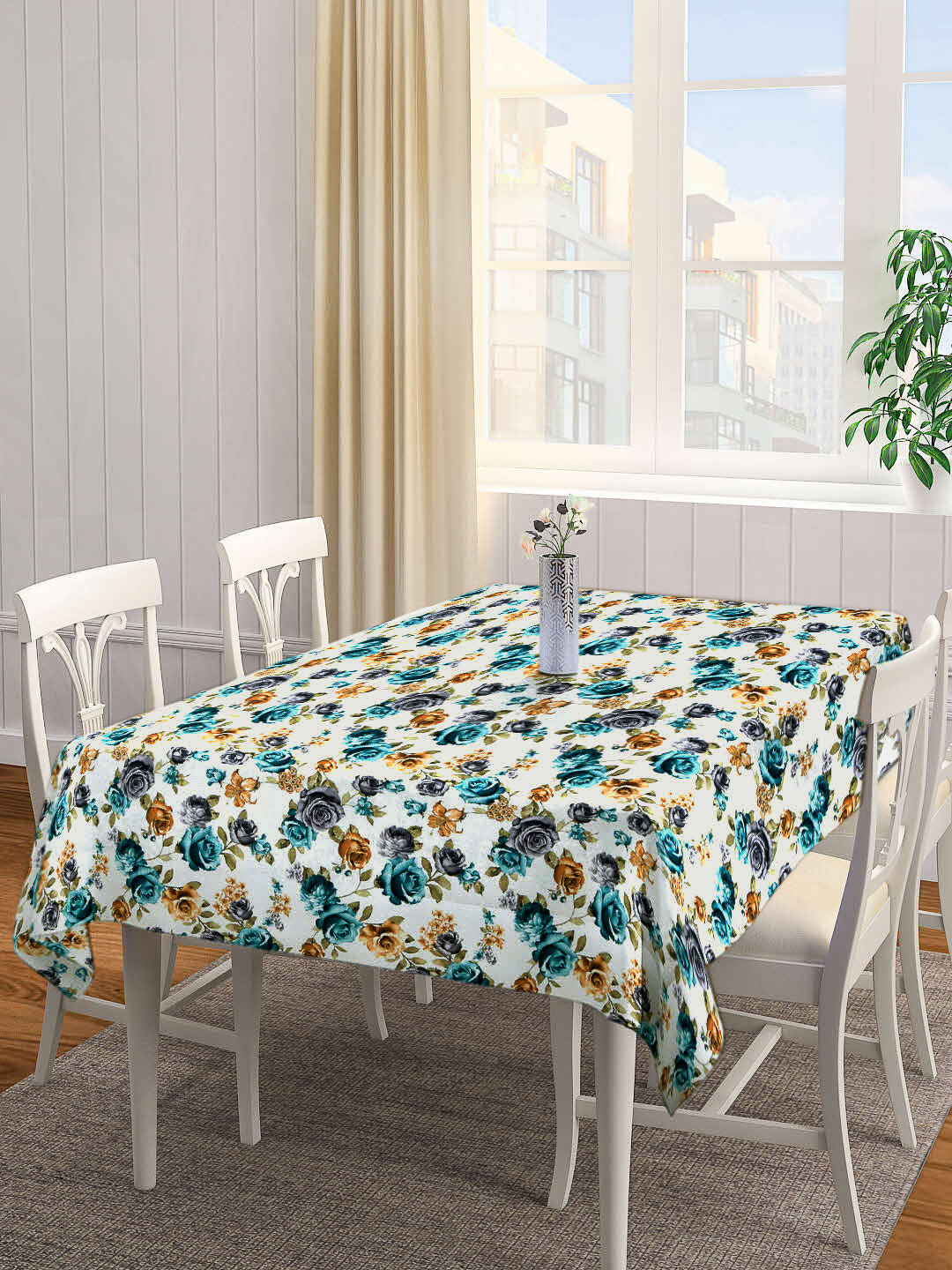 Arrabi White Floral TC Cotton Blend 6 Seater Table Cover (180 x 130 cm)