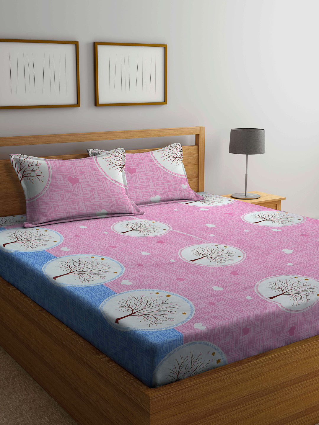 Arrabi Pink Graphic TC Cotton Blend Double King Size Bedsheet with 2 Pillow Covers (270 x 260 cm)