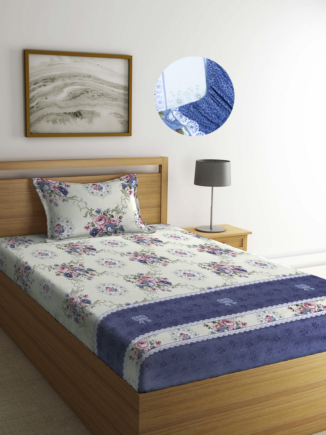 Arrabi Multi Floral TC Cotton Blend Single Size Fitted Bedsheet with 1 Pillow Cover (220 X 150 cm)