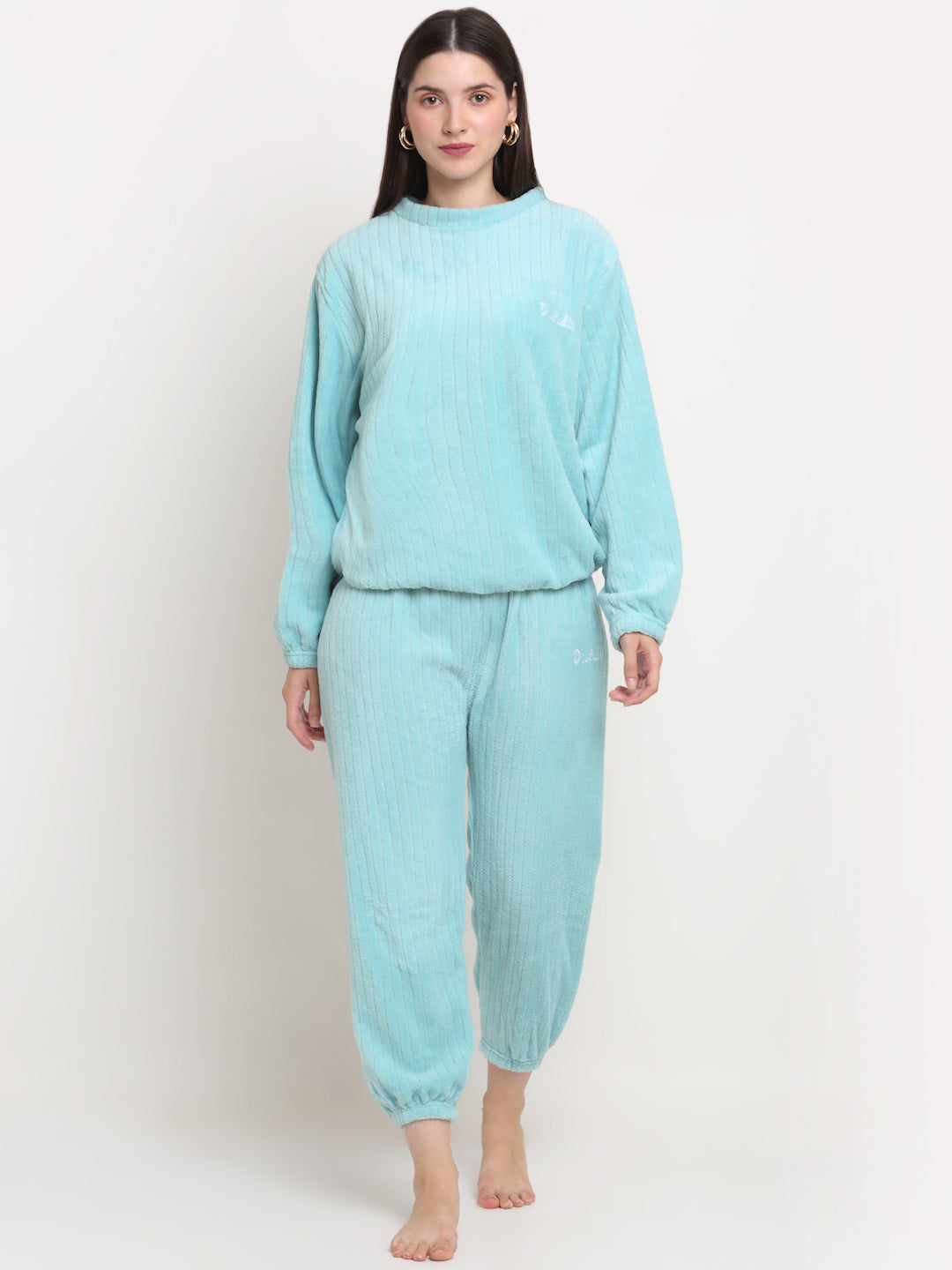 Arrabi Women Turquoise Wool Blend Stripes Winter Night Suit