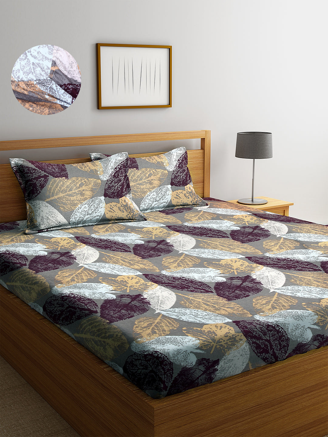 Arrabi Multi Leaf TC Cotton Blend Double Size Fitted Bedsheet with 2 Pillow Covers (250 X 220 cm)