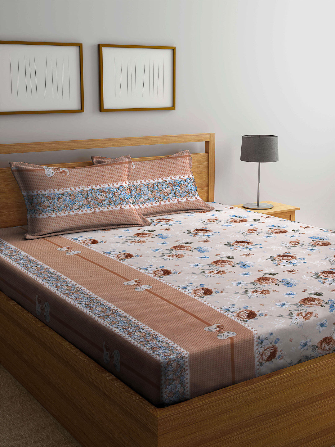 Arrabi Multi Floral TC Cotton Blend Double Size Bedsheet with 2 Pillow Cover