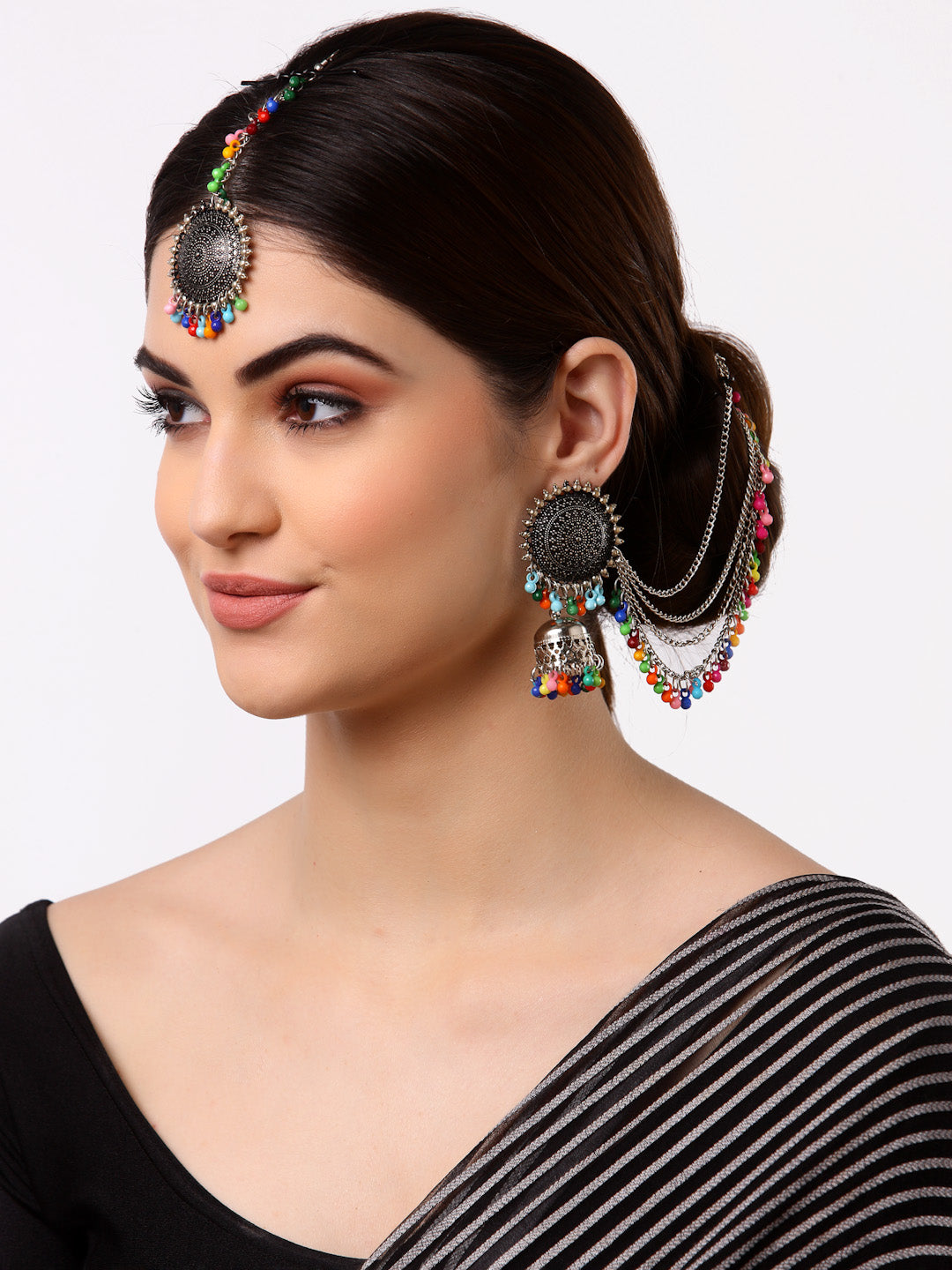 Arrabi Metallic Oxidised Kundan Studded Maang Tika & Earrings Set (17 cm)