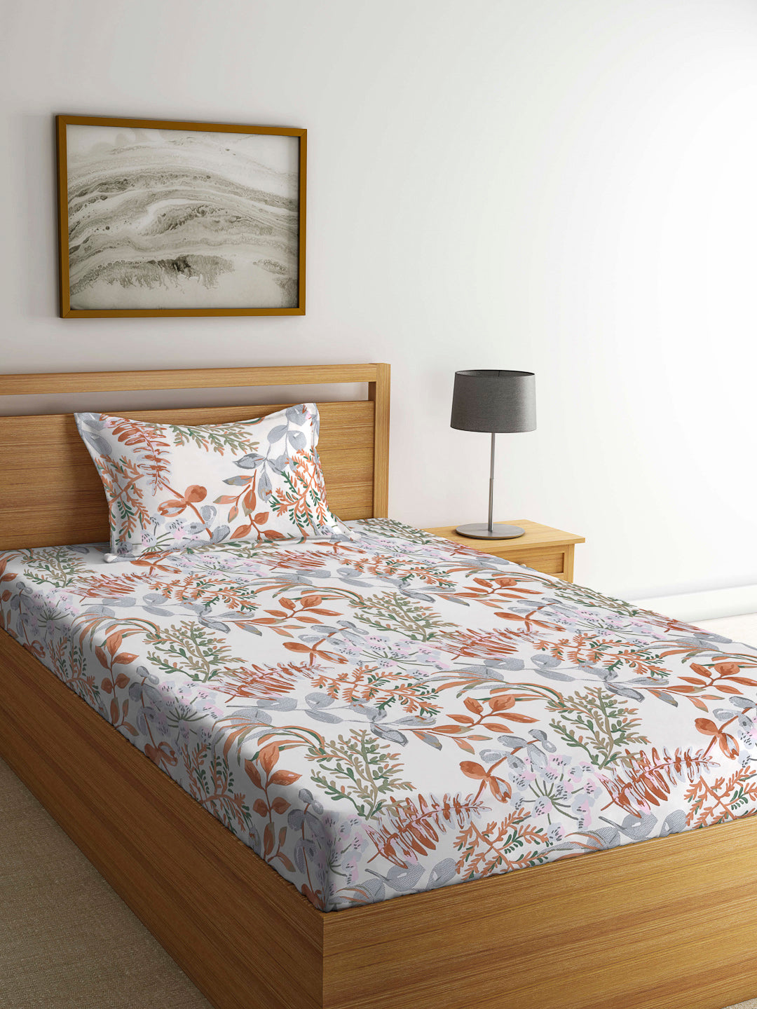 Arrabi Multi Leaf TC Cotton Blend Single Size Bedsheet with 1 Pillow Cover (220 X 150 cm)