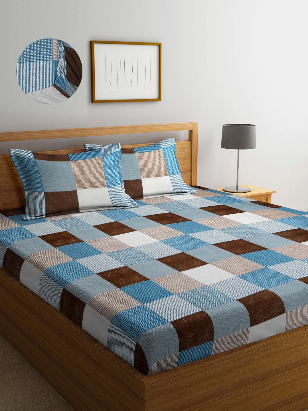 Arrabi Multi Geometric TC Cotton Blend King Size Fitted Bedsheet with 2 Pillow Covers(250 X 215 Cm )