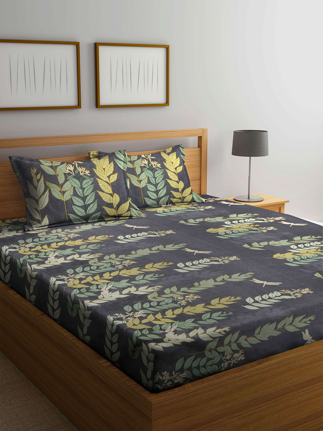 Arrabi Grey Leaf TC Cotton Blend Double King Size Bedsheet with 2 Pillow Covers (250 X 220 cm)
