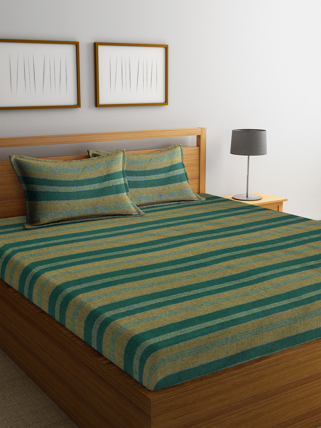 Arrabi Green Striped Handwoven Cotton Double King Size Bedsheet with 2 Pillow Covers (260 x 260 cm)