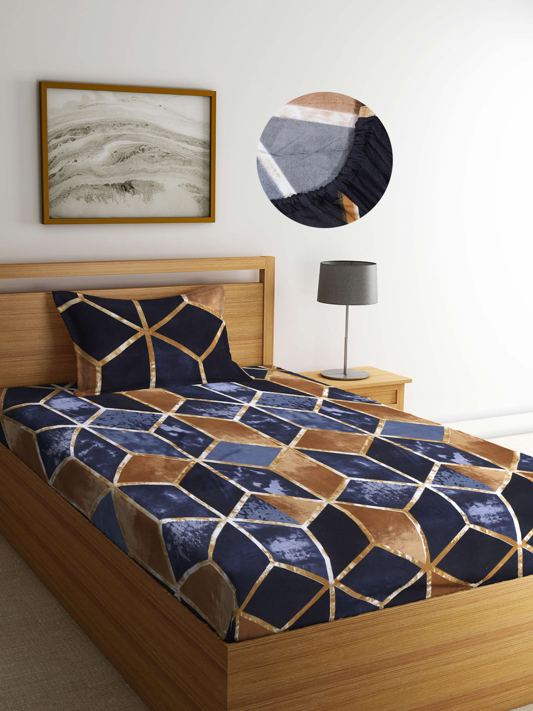 Arrabi Brown Geometric TC Cotton Blend Single Size Fitted Bedsheet with 1 Pillow Cover (220 X 150 cm)