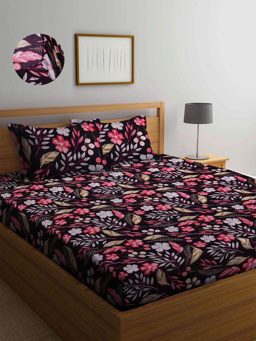 Arrabi Multi Floral TC Cotton Blend King Size Fitted Bedsheet with 2 Pillow Covers(250 X 215 Cm )