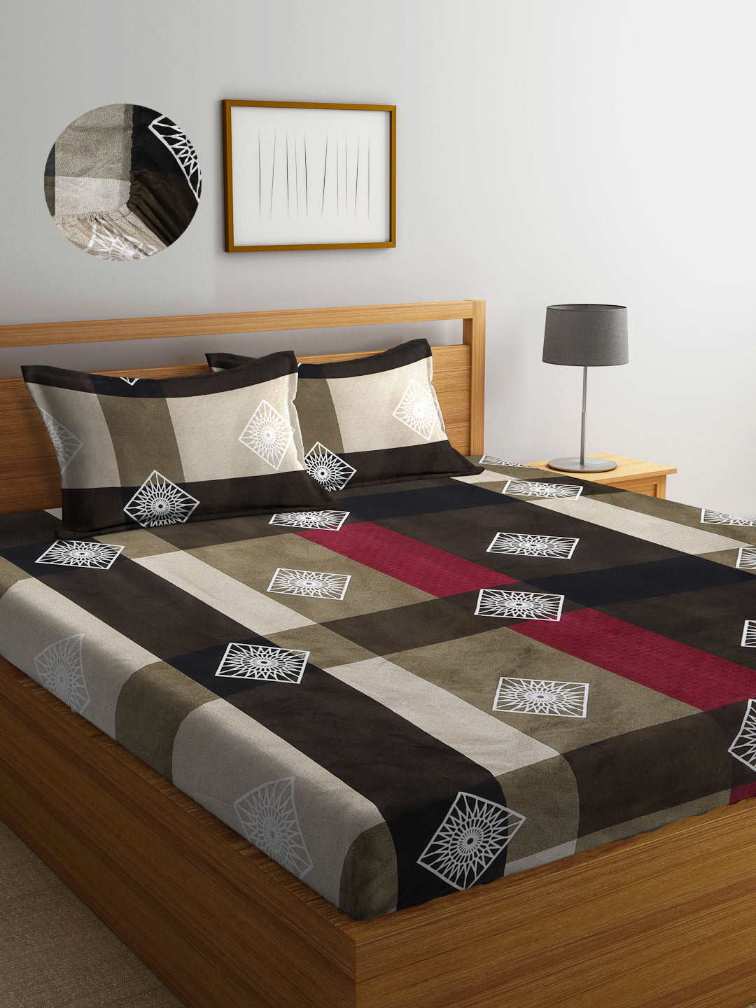 Arrabi Green Geometric TC Cotton Blend King Size Fitted Bedsheet with 2 Pillow Covers (250 X 220 Cm )