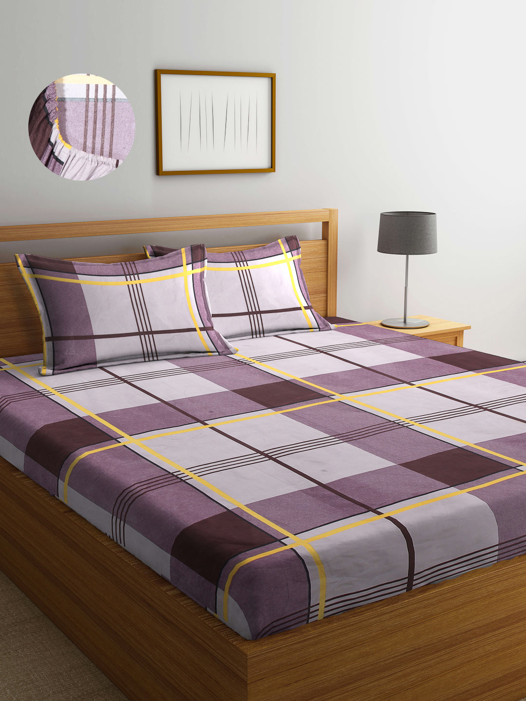 Arrabi Multi Checks TC Cotton Blend King Size Fitted Bedsheet with 2 Pillow Covers (250 X 215 Cm )