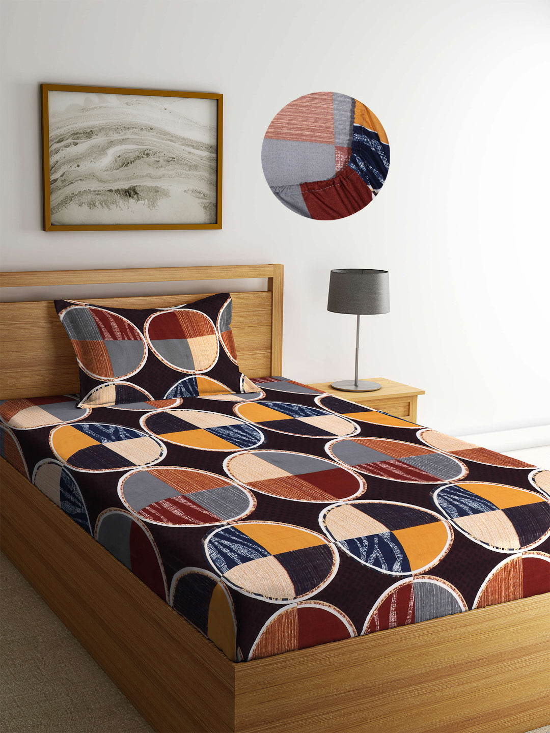 Arrabi Multi Geometric TC Cotton Blend Single Size Fitted Bedsheet with 1 Pillow Cover (220 X 150 cm)