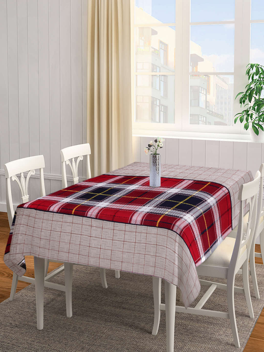 Arrabi Grey Checks TC Cotton Blend 6 Seater Table Cover (180 x 130 cm)