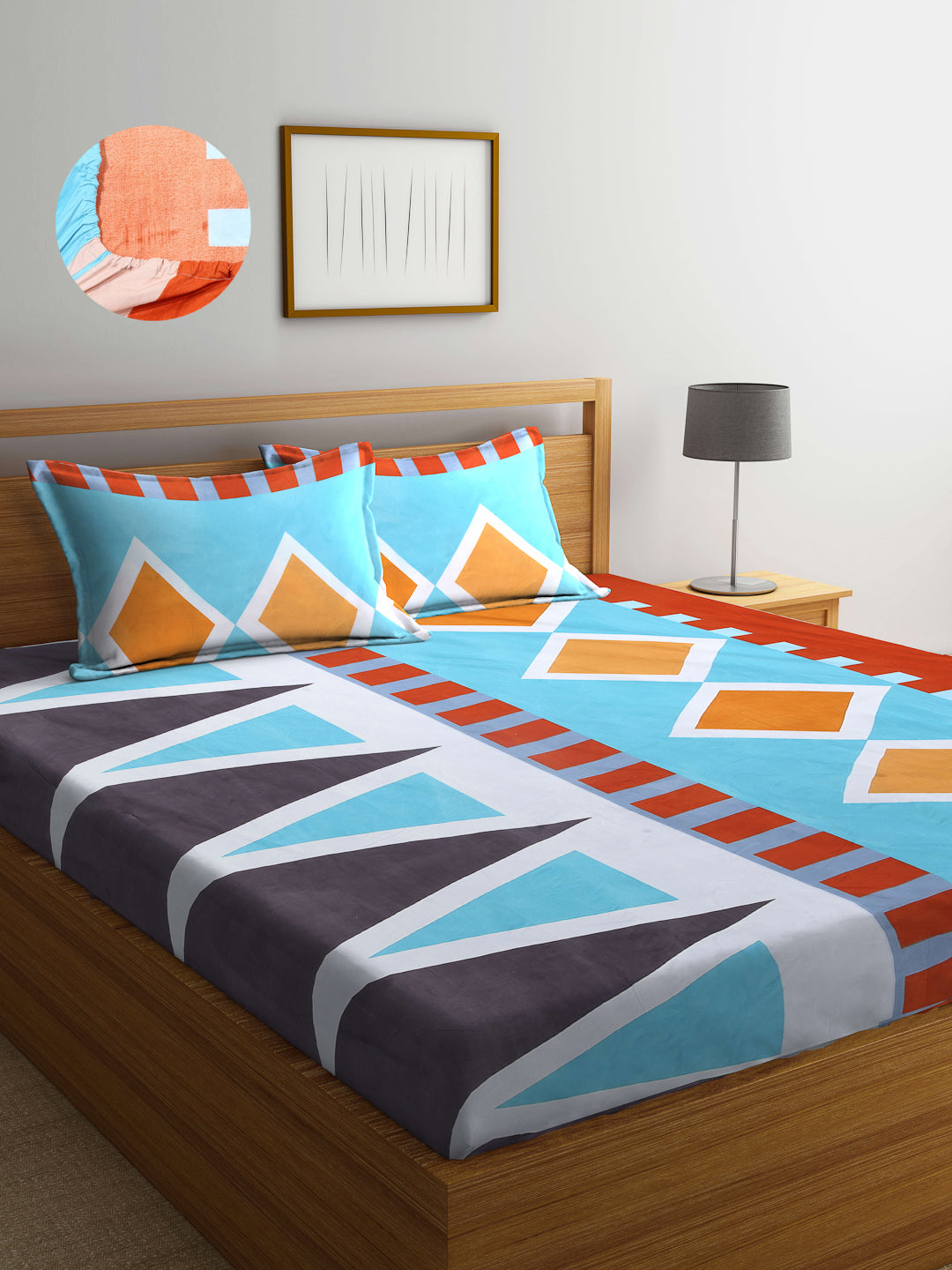 Arrabi Blue Geometric TC Cotton Blend King Size Fitted Bedsheet with 2 Pillow Covers (250 X 215 Cm )