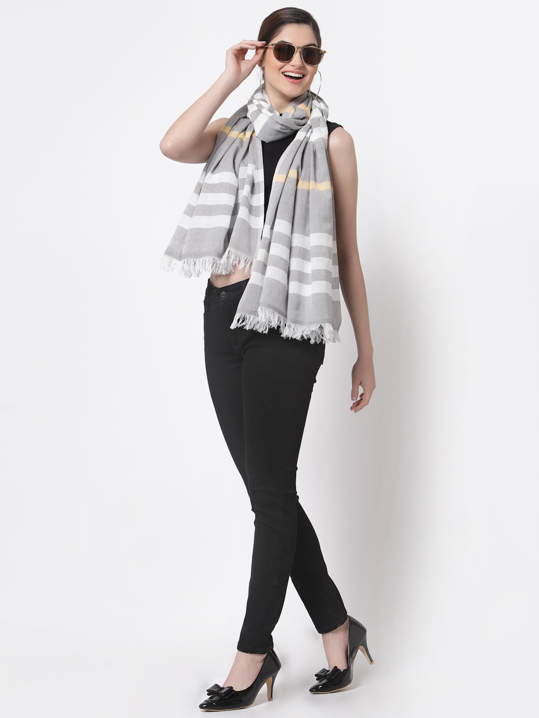 Arrabi Grey Stripes Handwoven Cotton Full Size Stole (185 x 85 cm)