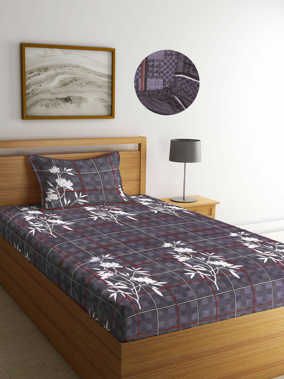 Arrabi Grey Floral TC Cotton Blend Single Size Fitted Bedsheet with 1 Pillow Cover (220 X 150 cm)