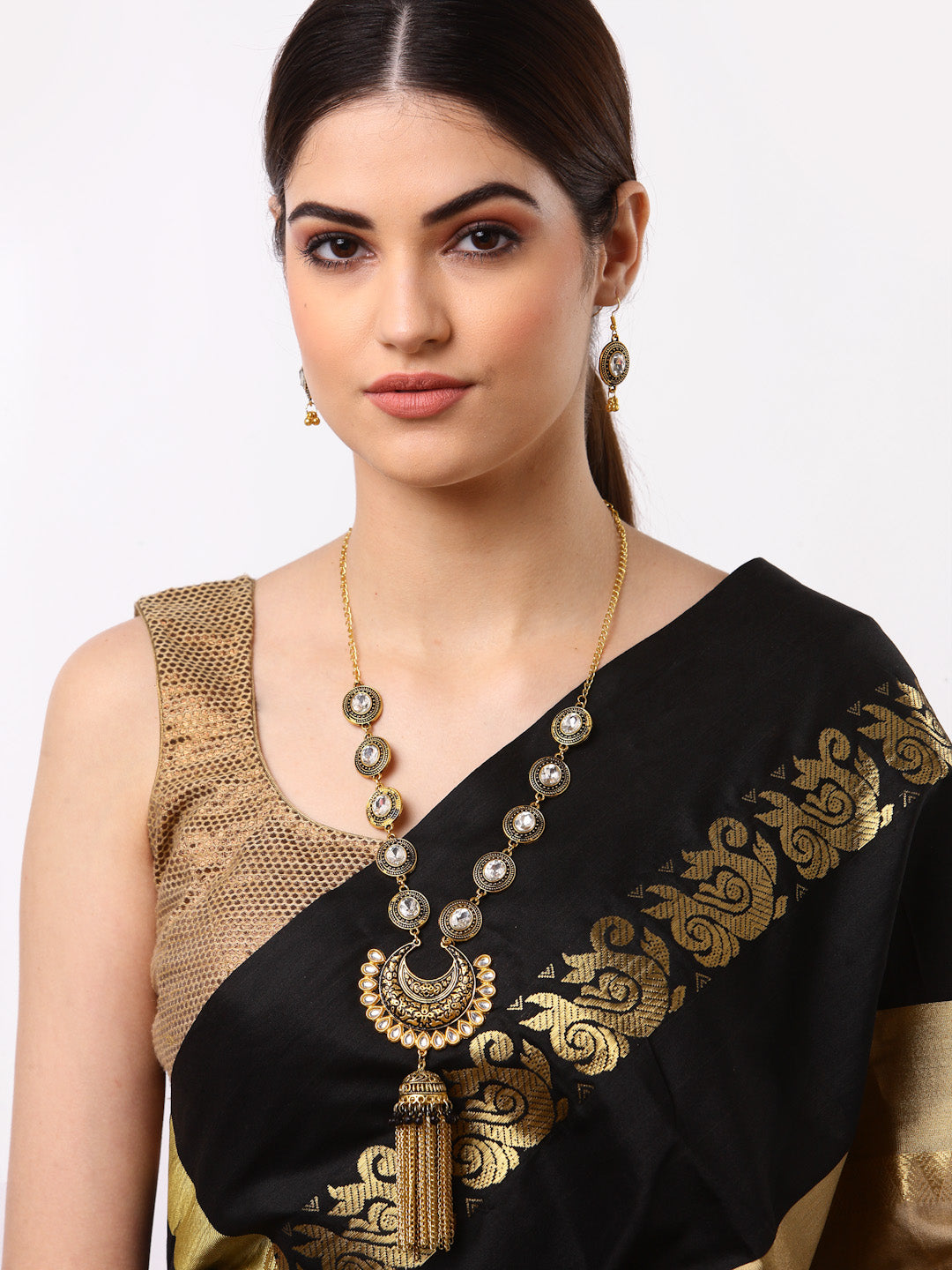 Arrabi Gold Meenakari Jewellery Set with 2 Earrings (30 cm)