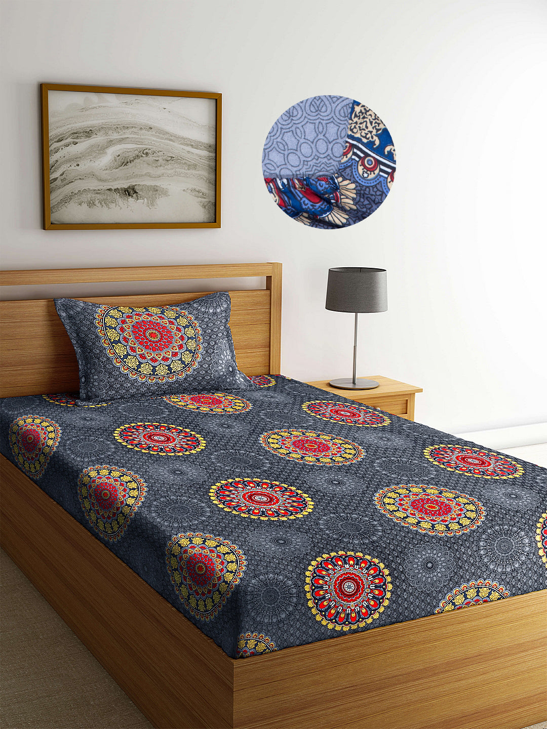 Arrabi Grey Indian TC Cotton Blend Single Size Fitted Bedsheet with 1 Pillow Cover (220 X 150 cm)