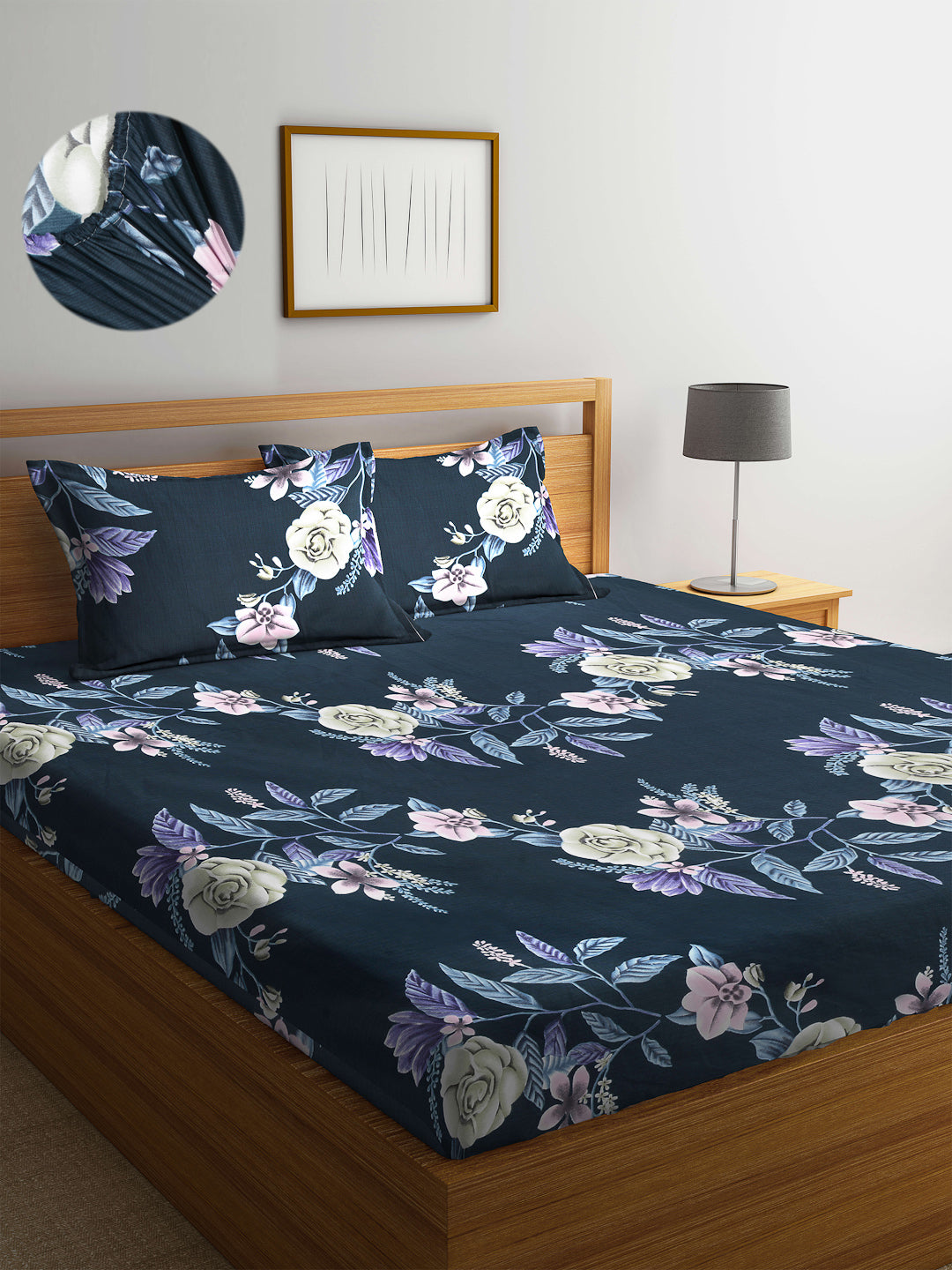 Arrabi Blue Floral TC Cotton Blend Double Size Fitted Bedsheet with 2 Pillow Cover ( 250 x 225 cm)