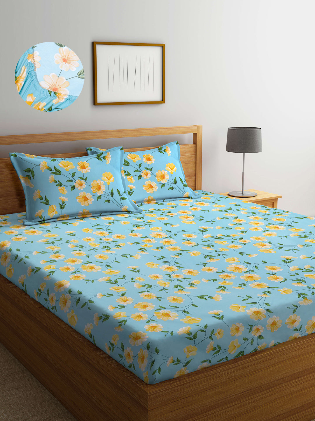 Arrabi Teal Floral TC Cotton Blend King Size Fitted Bedsheet with 2 Pillow Covers(250 X 215 Cm )
