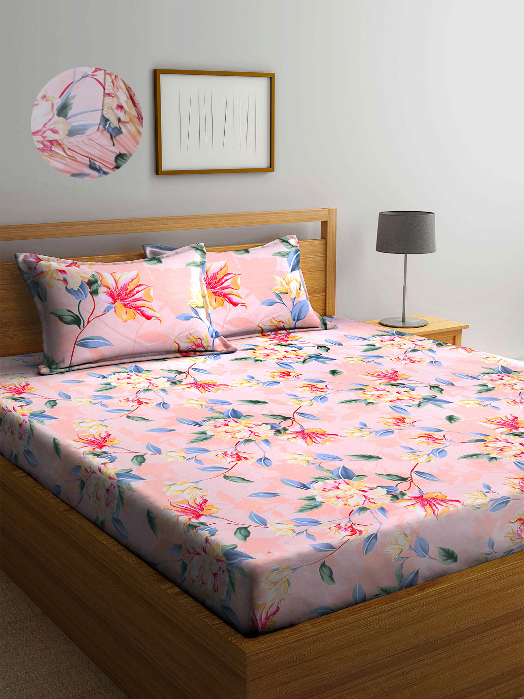 Arrabi Peach Floral TC Cotton Blend Super King Size Fitted Bedsheet with 2 Pillow Covers(270 X 260 Cm )