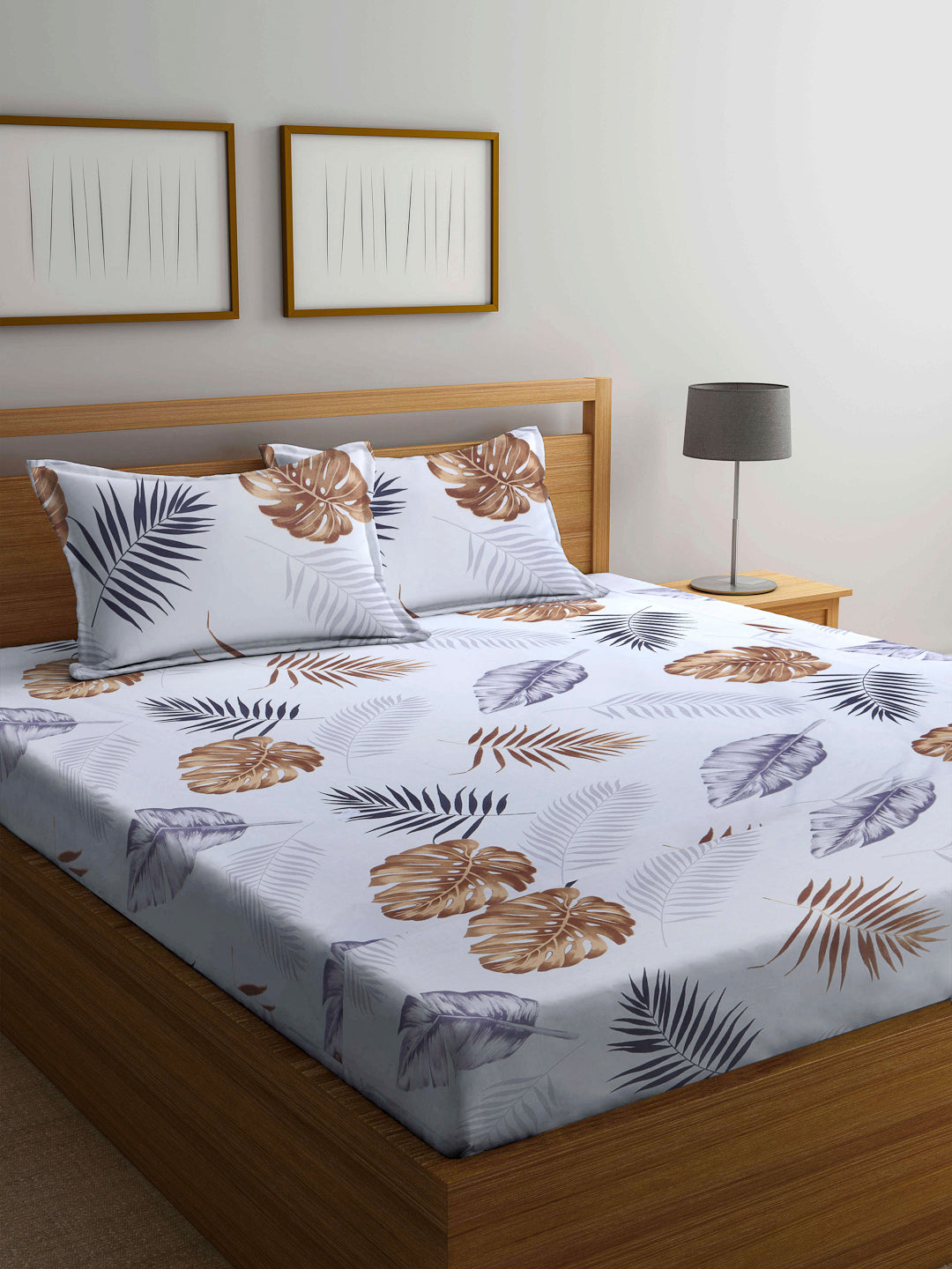 Arrabi White Leaf TC Cotton Blend Double Size Bedsheet with 2 Pillow Covers