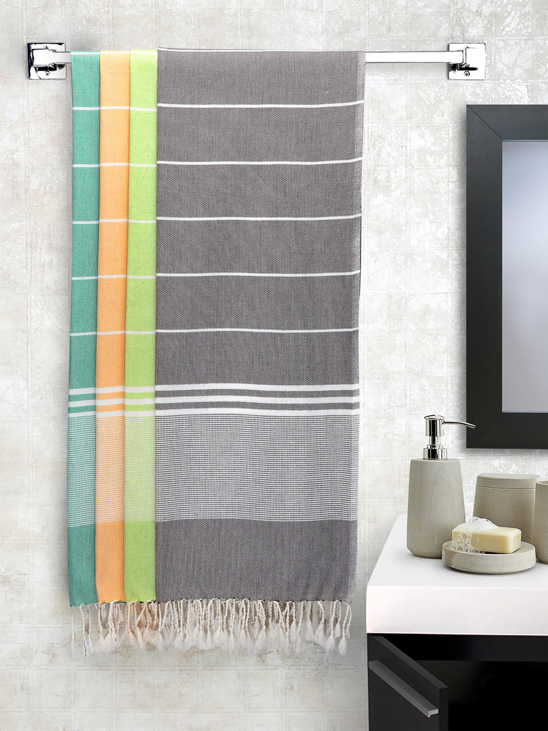 Arrabi Multi Stripes Handwoven Cotton Bath Towel (Set of 4) (150 x 75 cm)