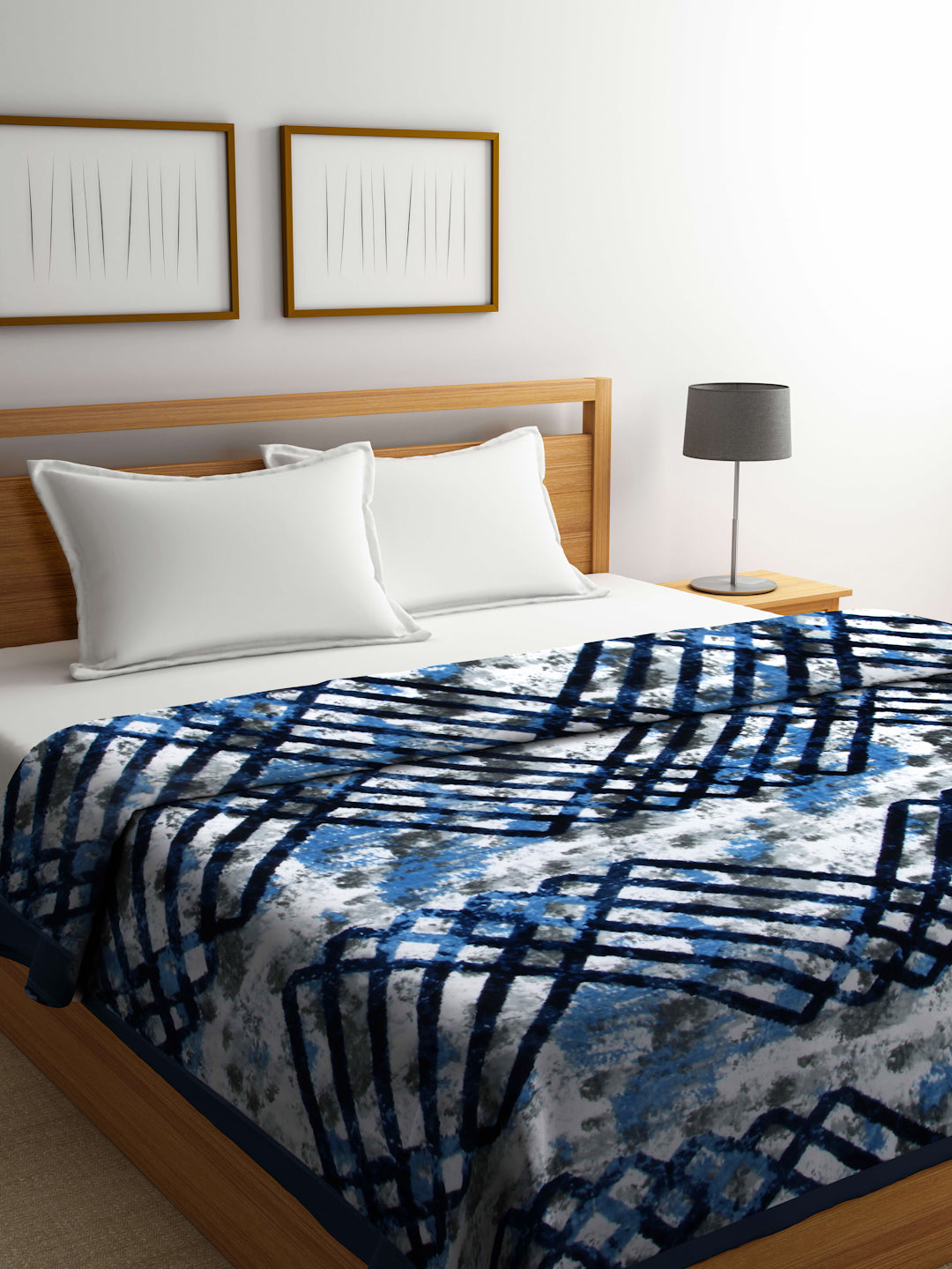 Arrabi Blue Checks Wool Blend 900 GSM Full Size Double Bed Blanket (230 X 200 cm)