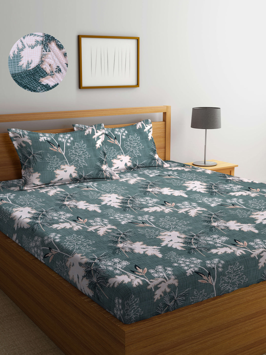 Arrabi Green Leaf TC Cotton Blend King Size Fitted Bedsheet with 2 Pillow Covers(250 X 215 Cm )