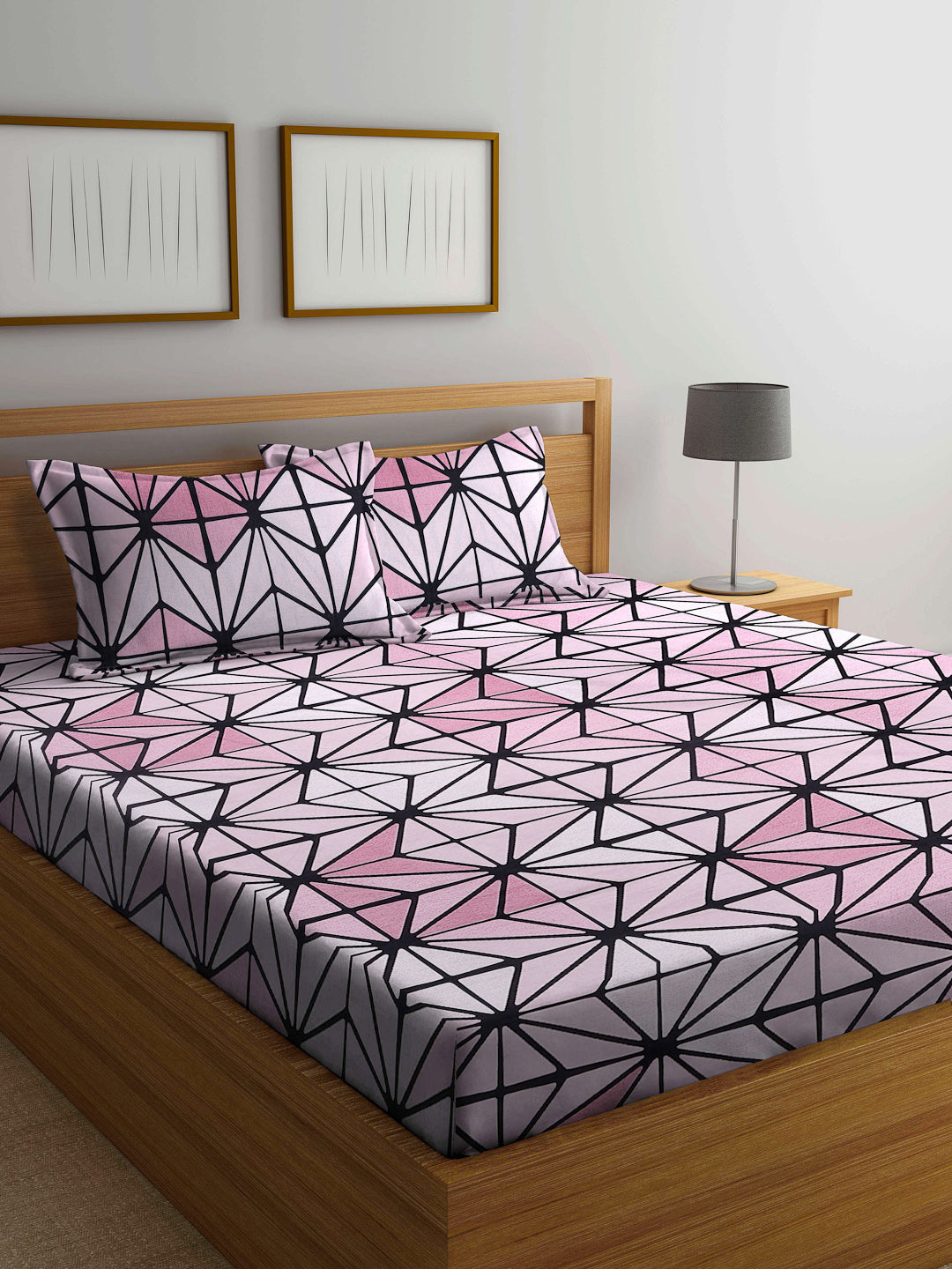 Arrabi Pink Geometric TC Cotton Blend Double King Size Bedsheet with 2 Pillow Covers