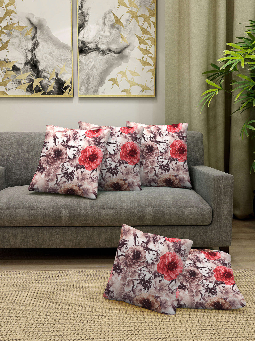 Arrabi Red Floral TC Cotton Blend Cushion Covers (Pack of 5) (40 x 40 cm)