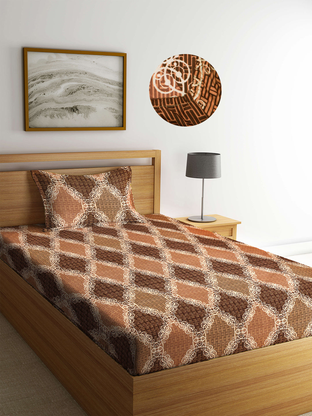 Arrabi Brown Abstract TC Cotton Blend Single Size Fitted Bedsheet with 1 Pillow Cover (220 X 150 cm)
