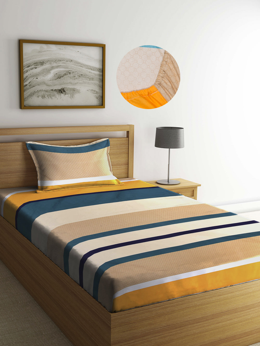 Arrabi Multi Stripes TC Cotton Blend Single Size Fitted Bedsheet with 1 Pillow Cover (220 X 150 cm)