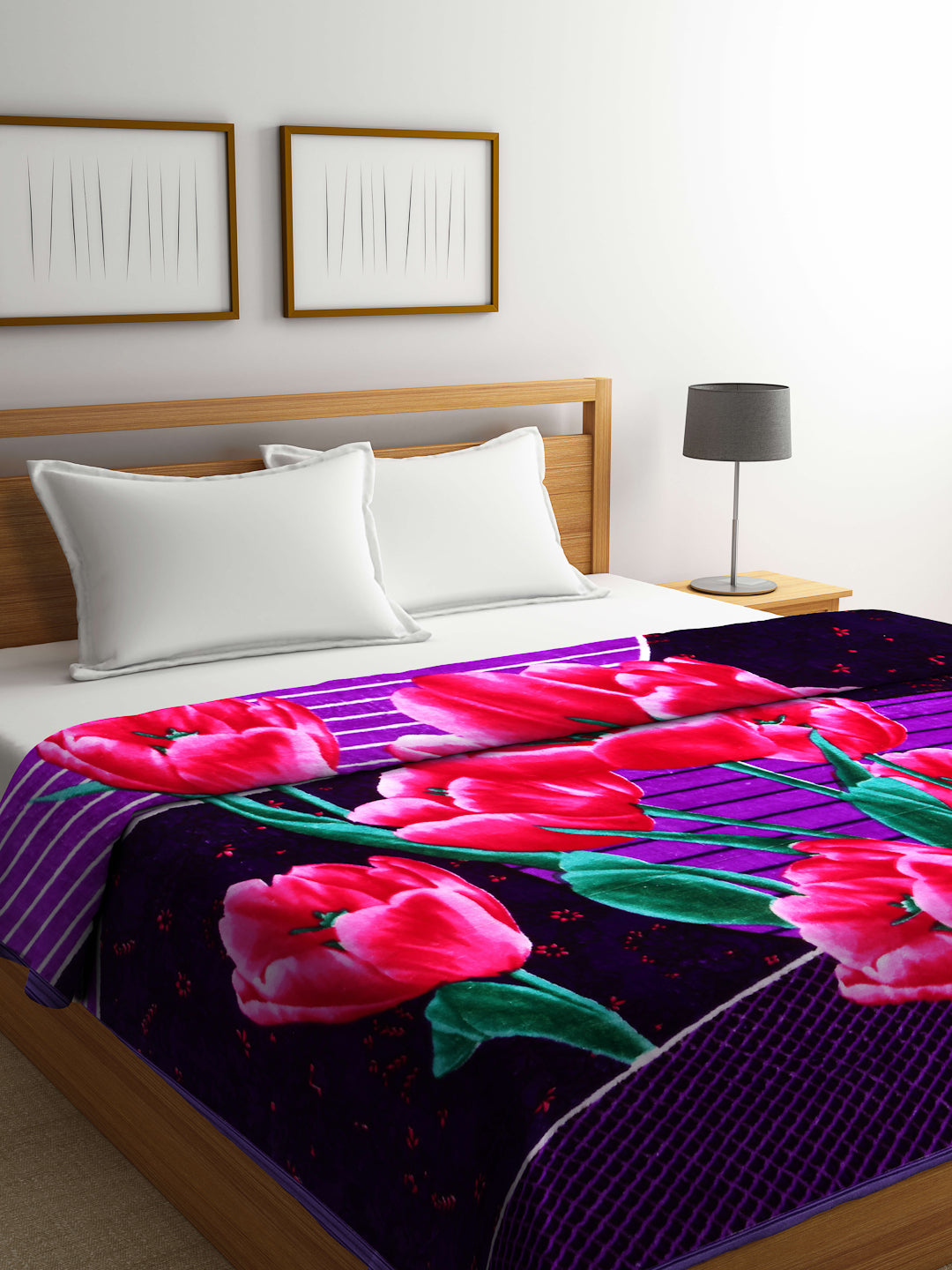 Arrabi Purple Floral Polyester 950 GSM King Size Double Bed Blanket (225 x 210 cm )