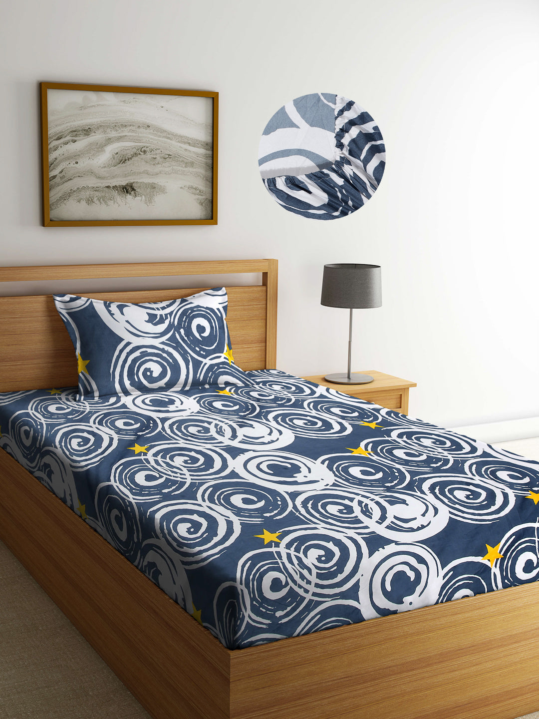Arrabi Grey Graphic TC Cotton Blend Single Size Fitted Bedsheet with 1 Pillow Cover (220 X 150 cm)