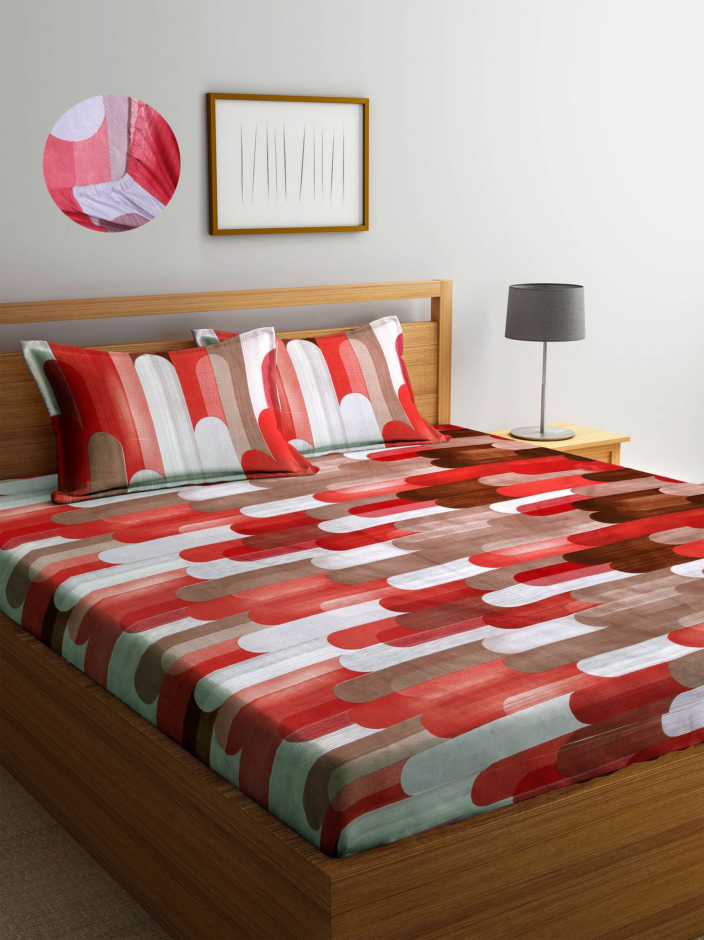 Arrabi Multi Graphic TC Cotton Blend King Size Fitted Bedsheet with 2 Pillow Covers (250 X 215 Cm )