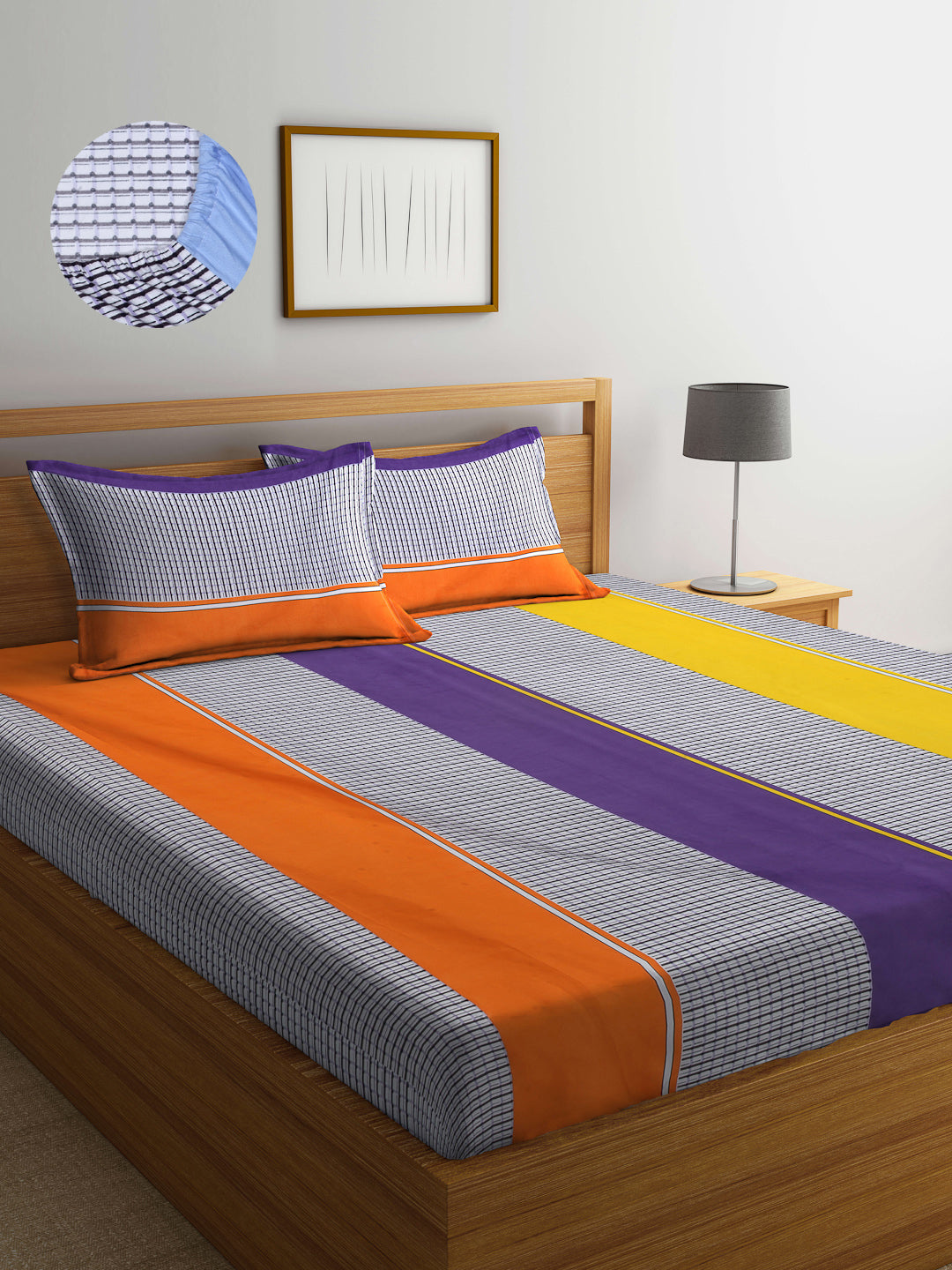 Arrabi Multi Geometric TC Cotton Blend King Size Fitted Bedsheet with 2 Pillow Covers (250 X 215 Cm )