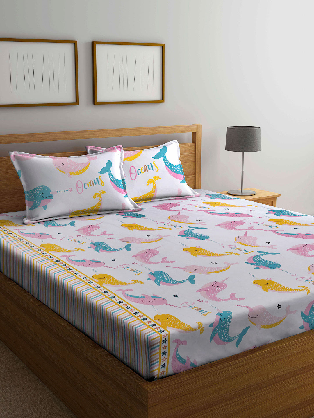 Arrabi White Cartoon TC Cotton Blend Double Size Bedsheet with 2 Pillow Cover