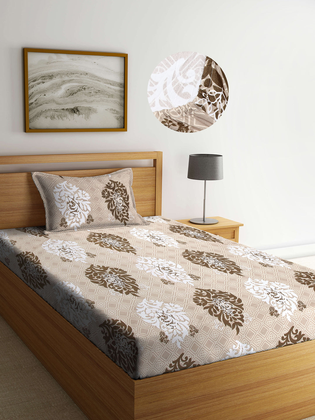 Arrabi Brown Indian TC Cotton Blend Single Size Fitted Bedsheet with 1 Pillow Cover (220 X 150 cm)