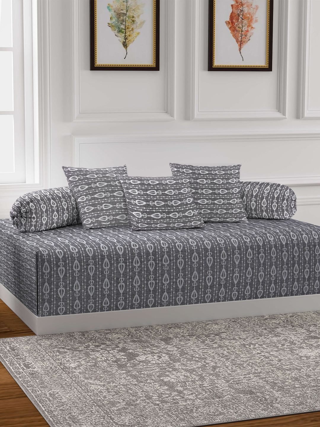 Arrabi Grey Set of 6 Stripes Handwoven Cotton Diwan Set (225 x150 cm)