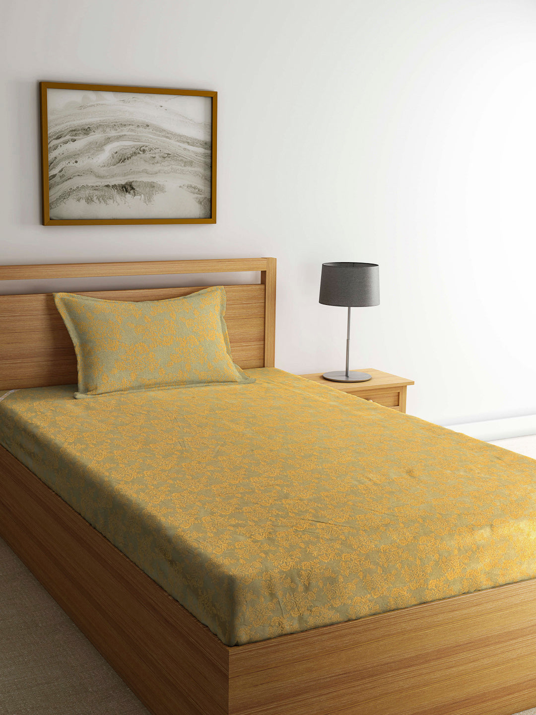 Arrabi Yellow Floral Handwoven Cotton Single Size Bedsheet with 1 Pillow Cover ( 225 X 150 cm)