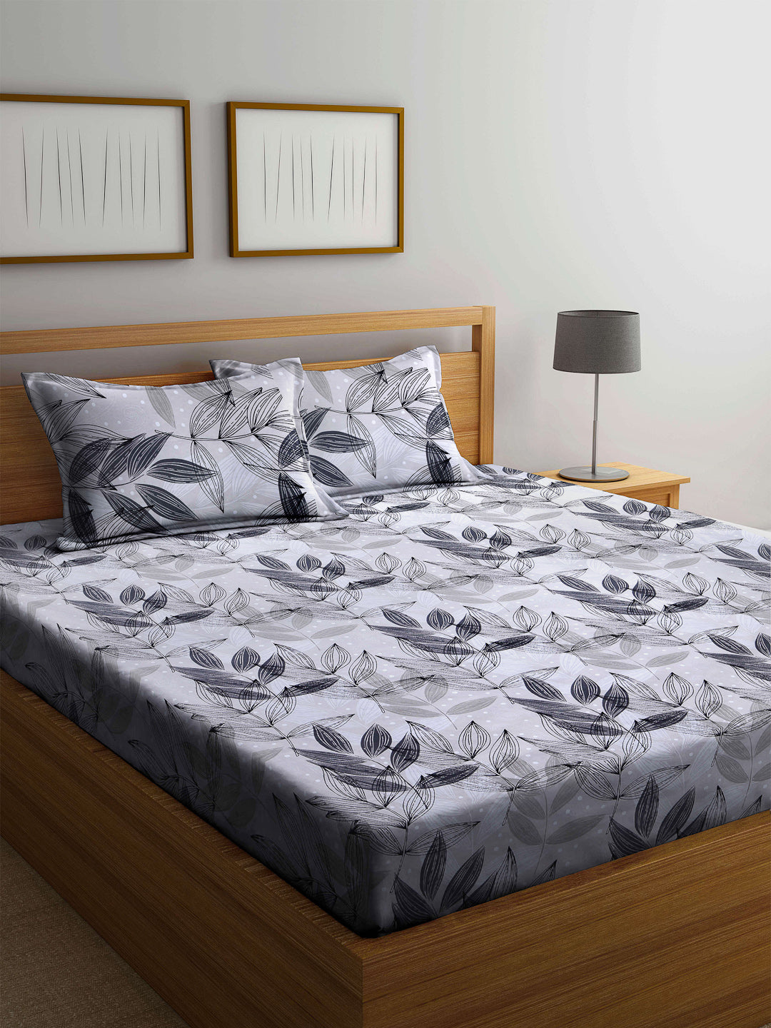 Arrabi Grey Leaf 100% Cotton King Size Double Bedsheet with 2 Pillow Covers (250 X 215 cm)