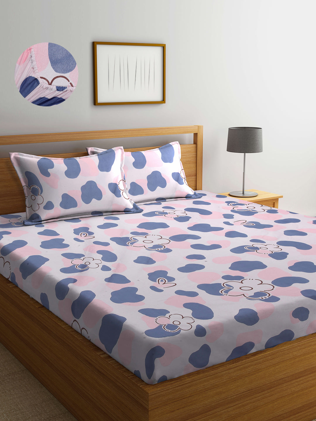 Arrabi Pink Floral TC Cotton Blend King Size Fitted Bedsheet with 2 Pillow Covers (250 X 215 Cm )